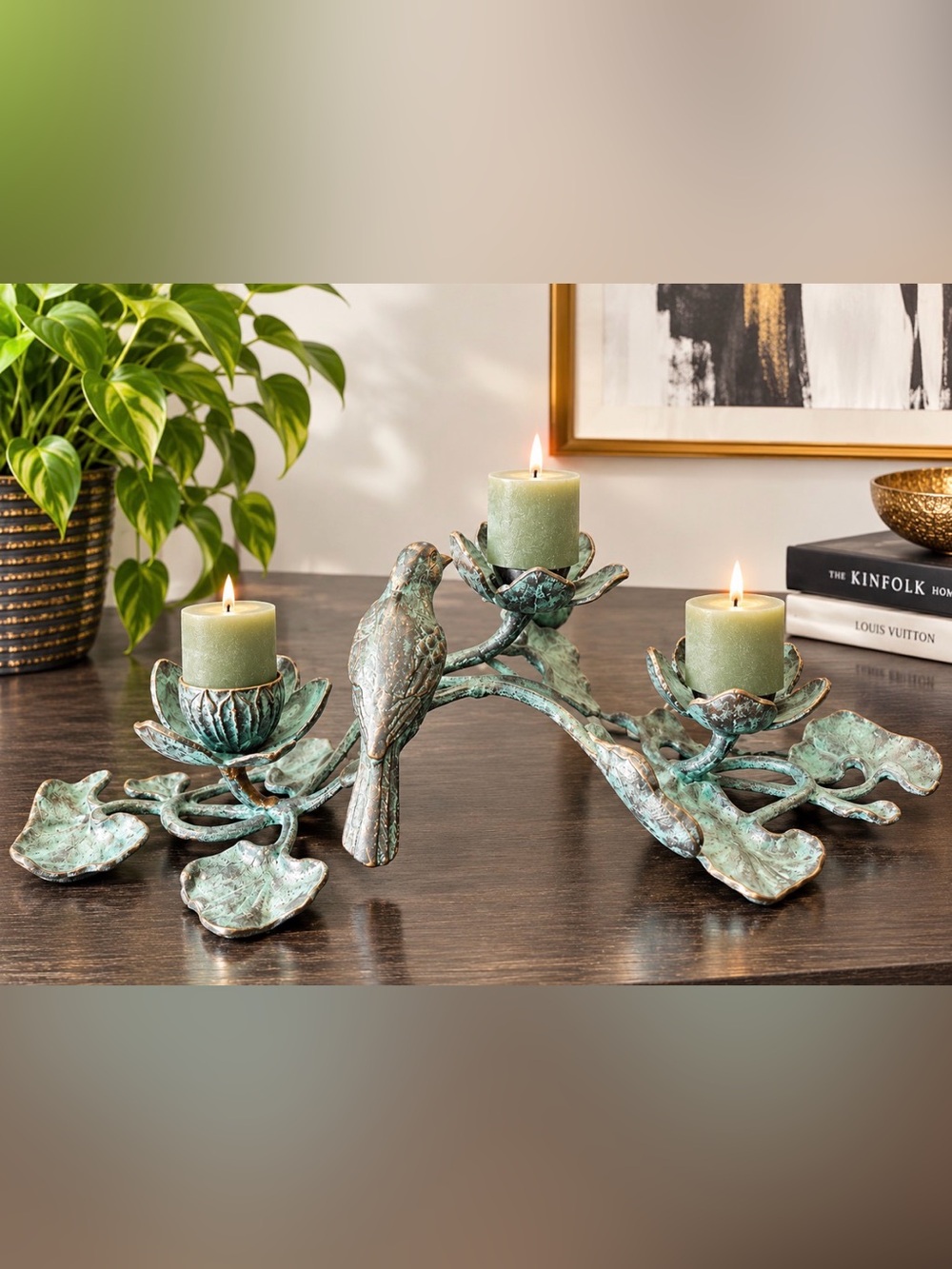 Patina Green Bird and Lotus Candleholder - Home Accents